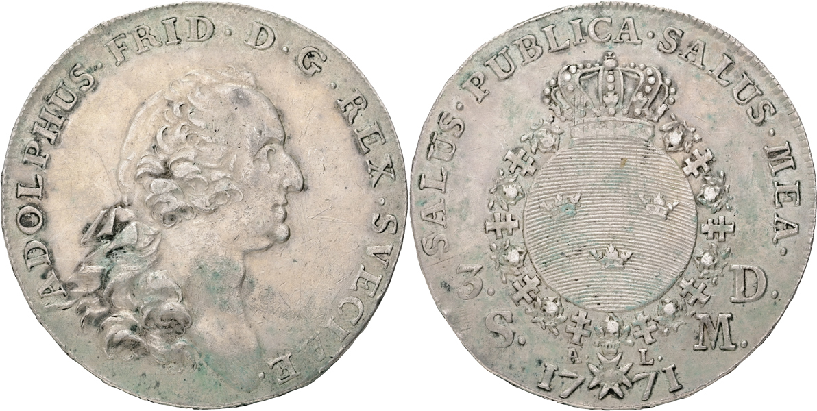 ADOLF FREDRIK (1751-1771). 3 daler SM 1771