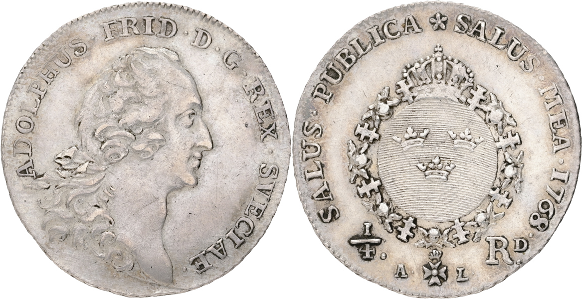 ADOLF FREDRIK (1751-1771). 1/4 riksdaler 1768