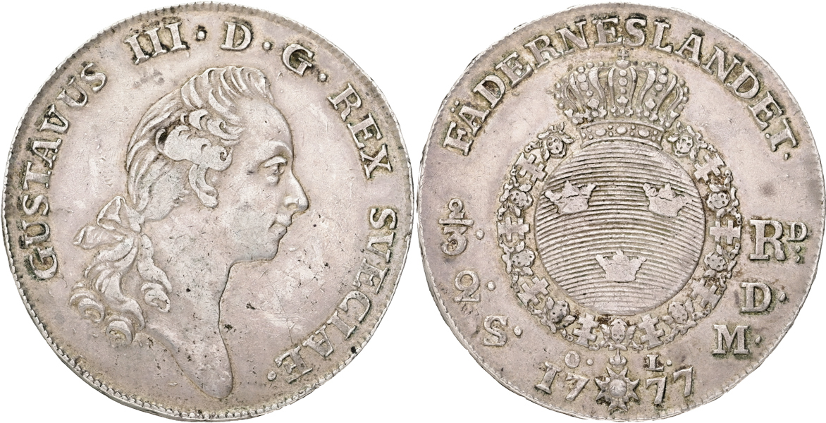 GUSTAV III (1771-1792). 2/3 riksdaler 1777
