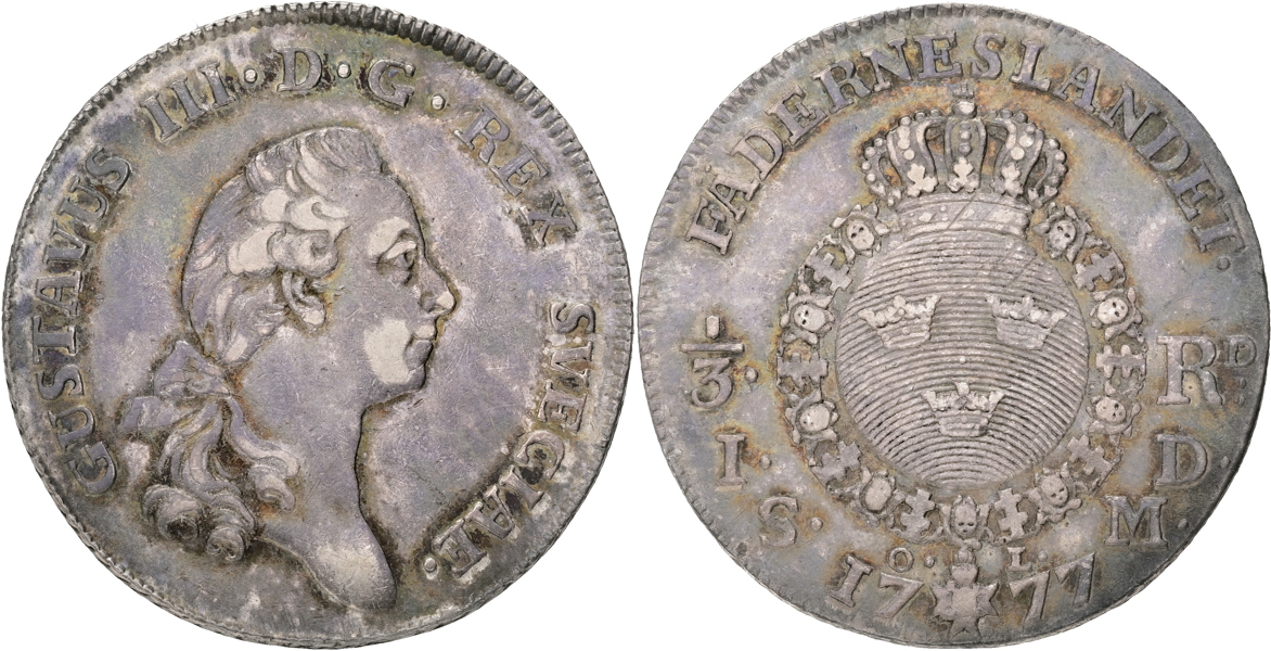 GUSTAV III (1771-1792). 1/3 riksdaler 1777