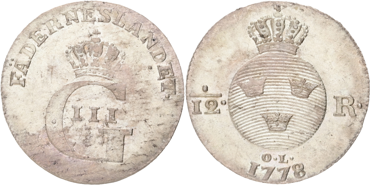 GUSTAV III (1771-1792). 1/12 riksdaler 1778