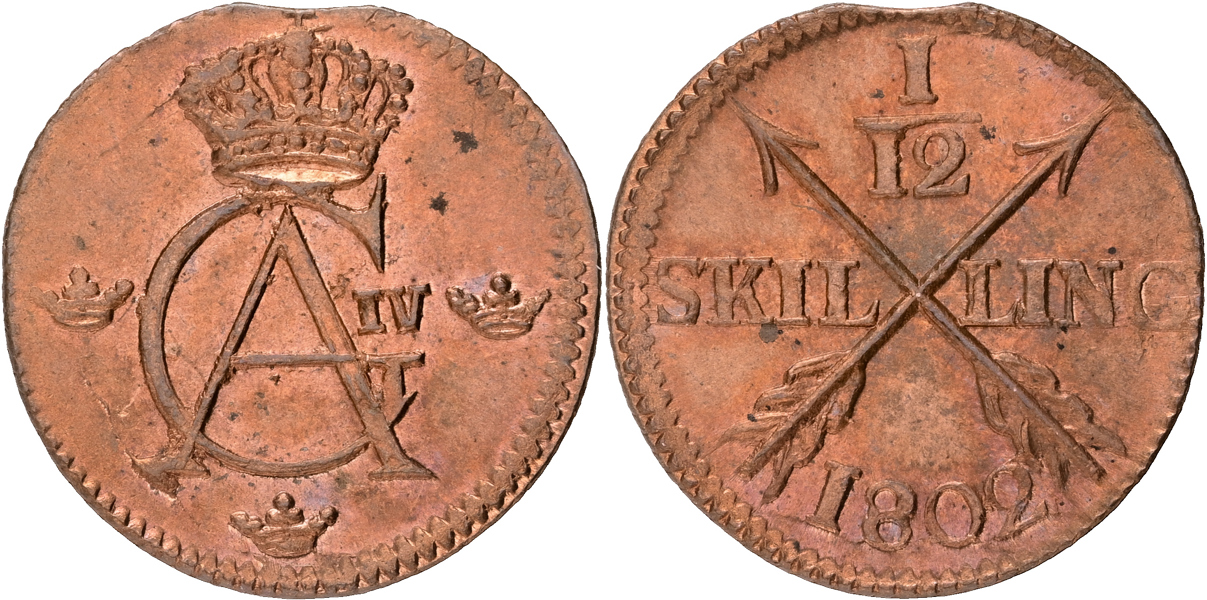 GUSTAV IV ADOLF (1792-1809). 1/12 skilling 1802