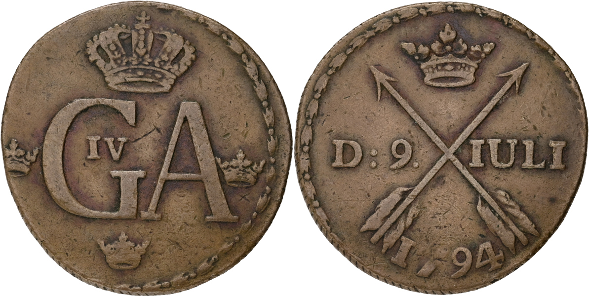 GUSTAV IV ADOLF (1792-1809). 1/2 skilling 1794