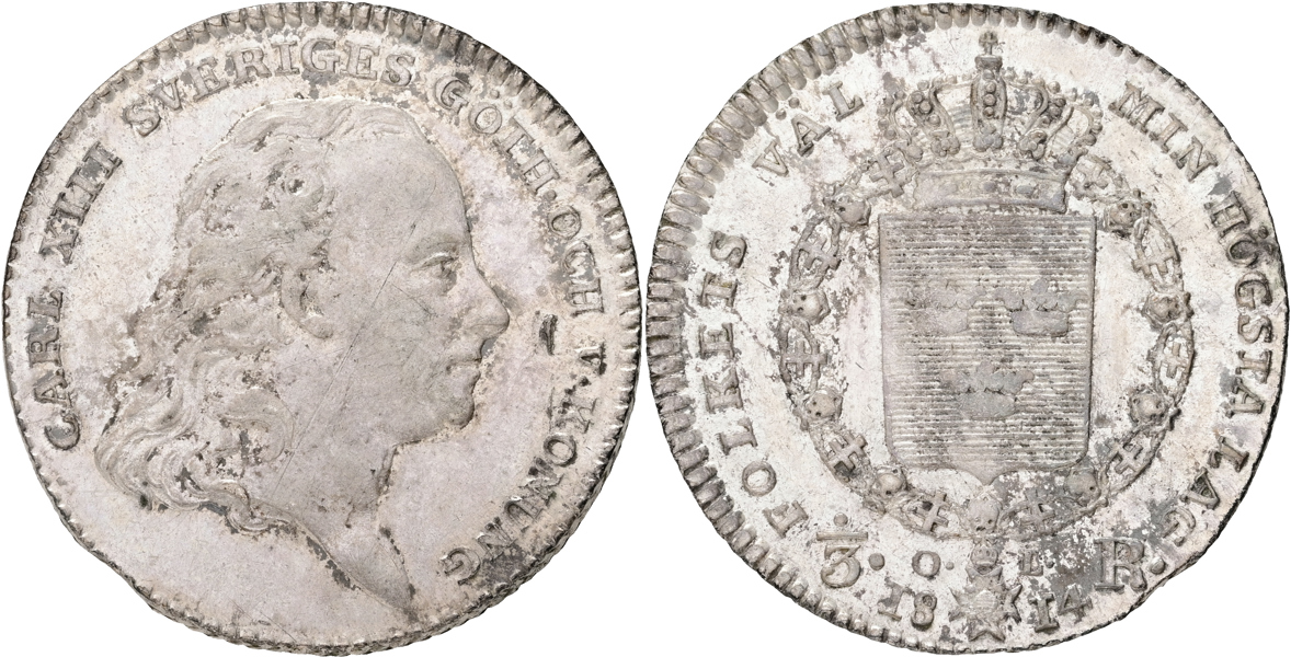 KARL XIII (1809-1818). 1/3 riksdaler 1814