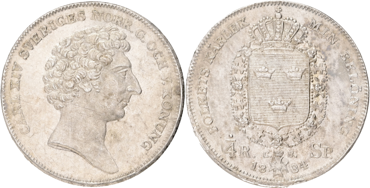 KARL XIV JOHAN (1818-1844). 1/4 riksdaler specie 1834