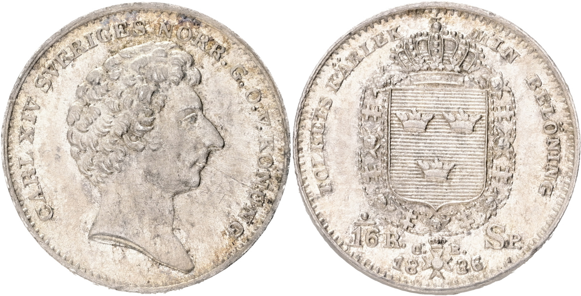 KARL XIV JOHAN (1818-1844). 1/16 riksdaler specie 1836