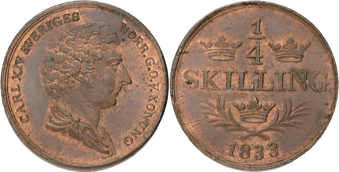KARL XIV JOHAN (1818-1844). 1/2 skilling 1833