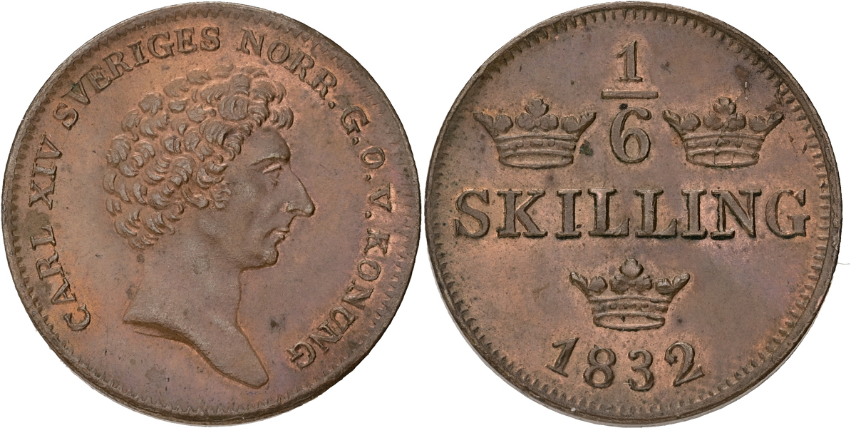KARL XIV JOHAN (1818-1844). 1/6 skilling 1832