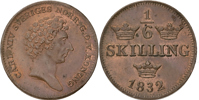 KARL XIV JOHAN (1818-1844). 1/6 skilling 1832