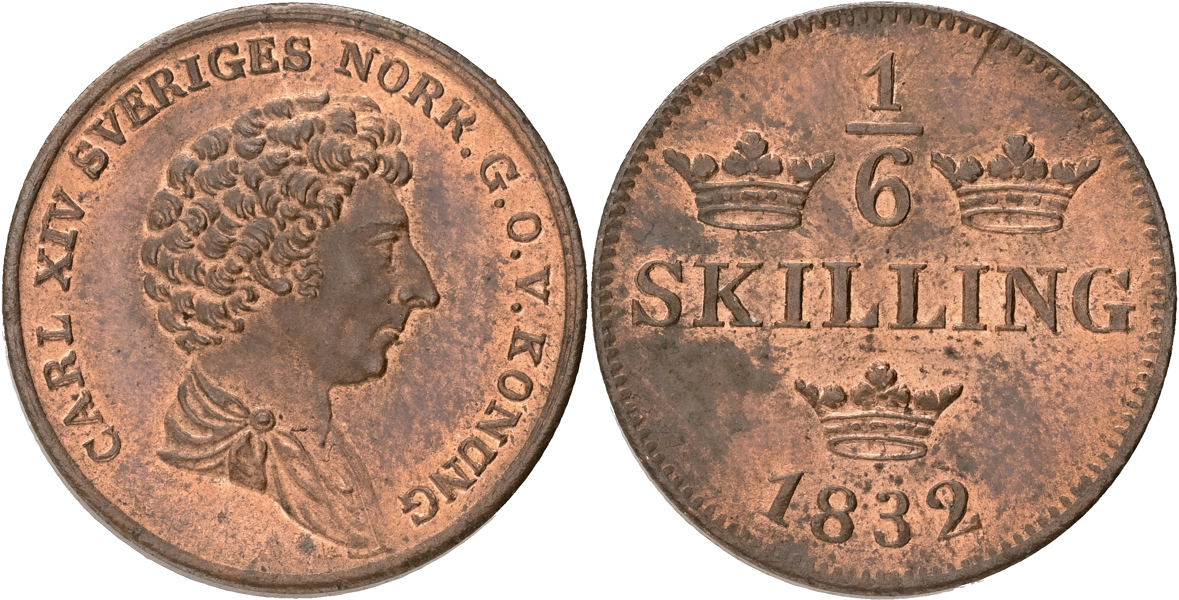 KARL XIV JOHAN (1818-1844). 1/6 skilling 1832