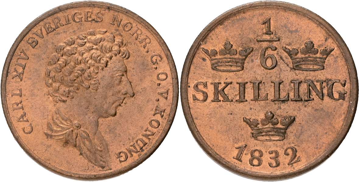 KARL XIV JOHAN (1818-1844). 1/6 skilling 1832