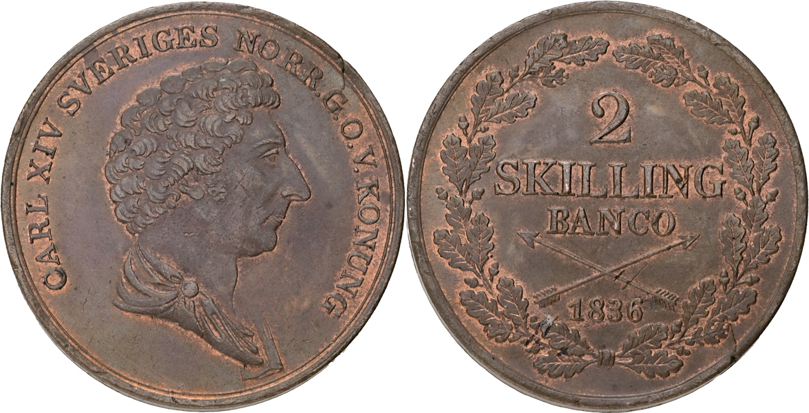KARL XIV JOHAN (1818-1844). 2 skilling banco 1836