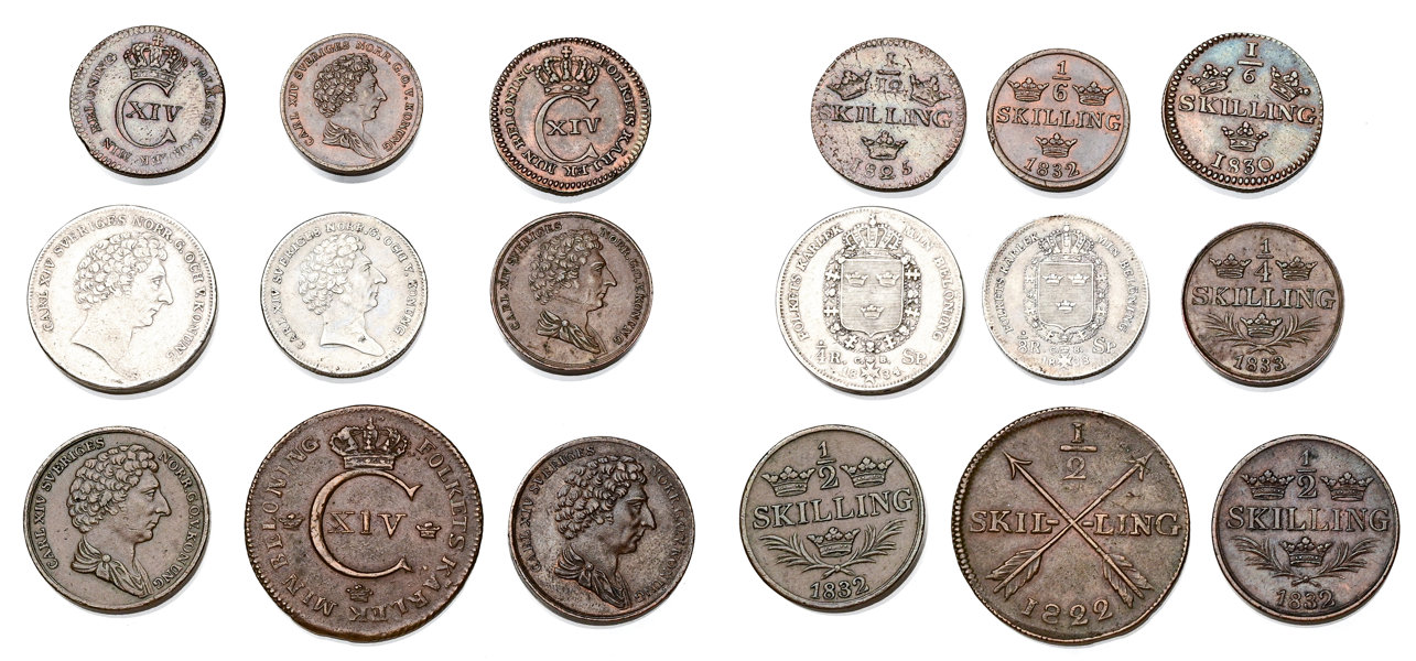 KARL XIV JOHAN (1818-1844). Lot of 9