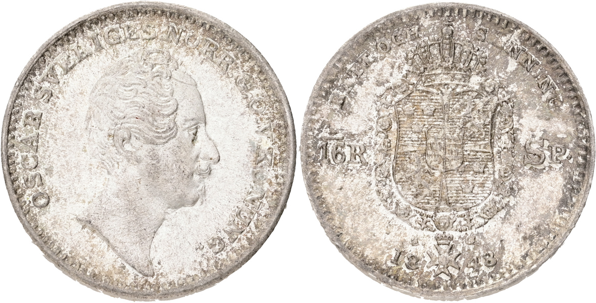 OSKAR I (1844-1859). 1/16 riksdaler specie 1848