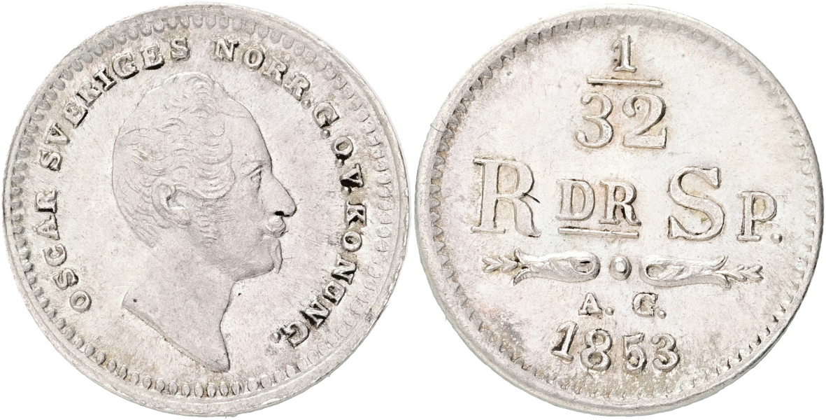OSKAR I (1844-1859). 1/32 riksdaler specie 1853
