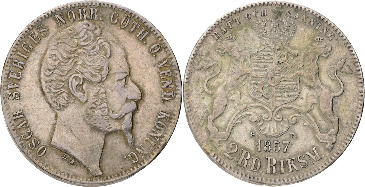 OSKAR I (1844-1859). 2 riksdaler riksmynt 1857