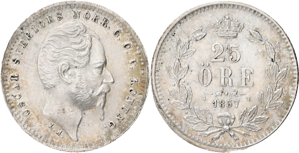 OSKAR I (1844-1859). 25 öre 1857