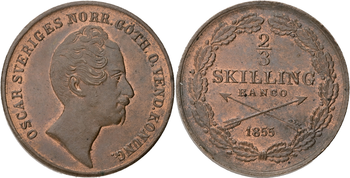 OSKAR I (1844-1859). 2/3 skilling banco 1855