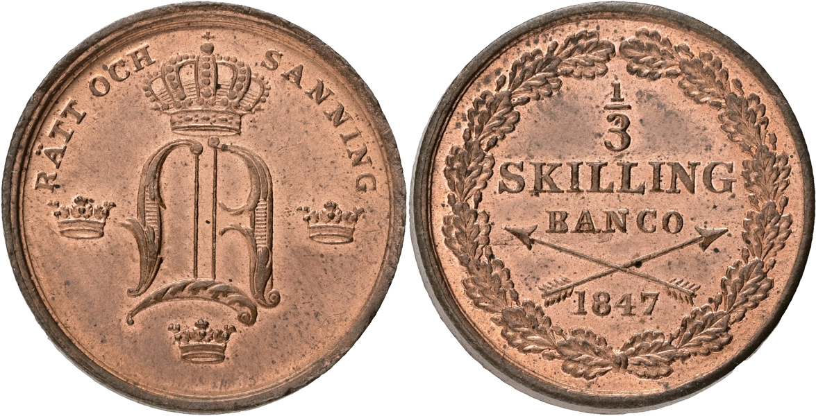 OSKAR I (1844-1859). 1/3 skilling banco 1847