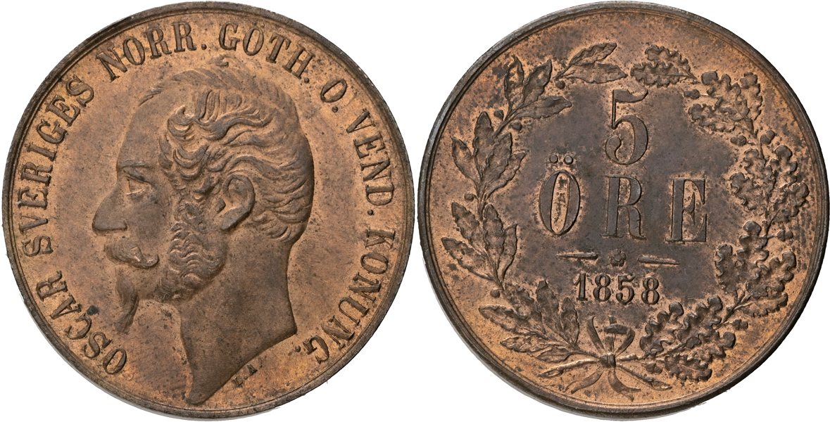 OSKAR I (1844-1859). 5 öre 1858