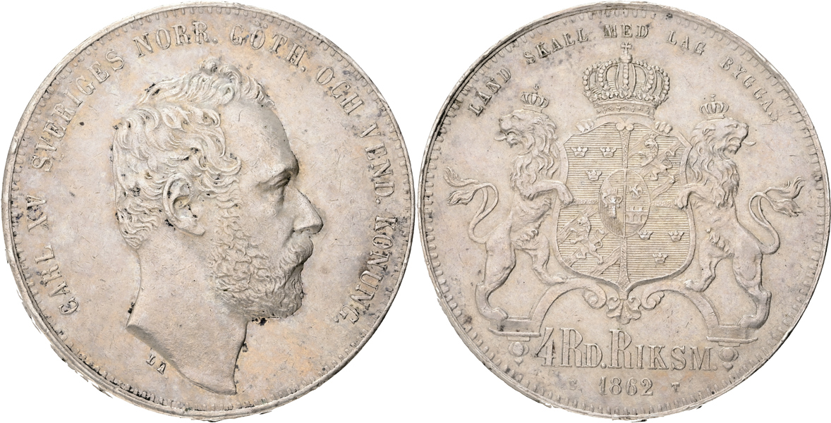 KARL XV (1859-1872). 4 riksdaler riksmynt 1862