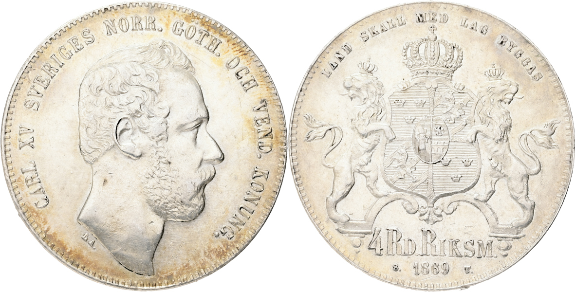 KARL XV (1859-1872). 4 riksdaler riksmynt 1869