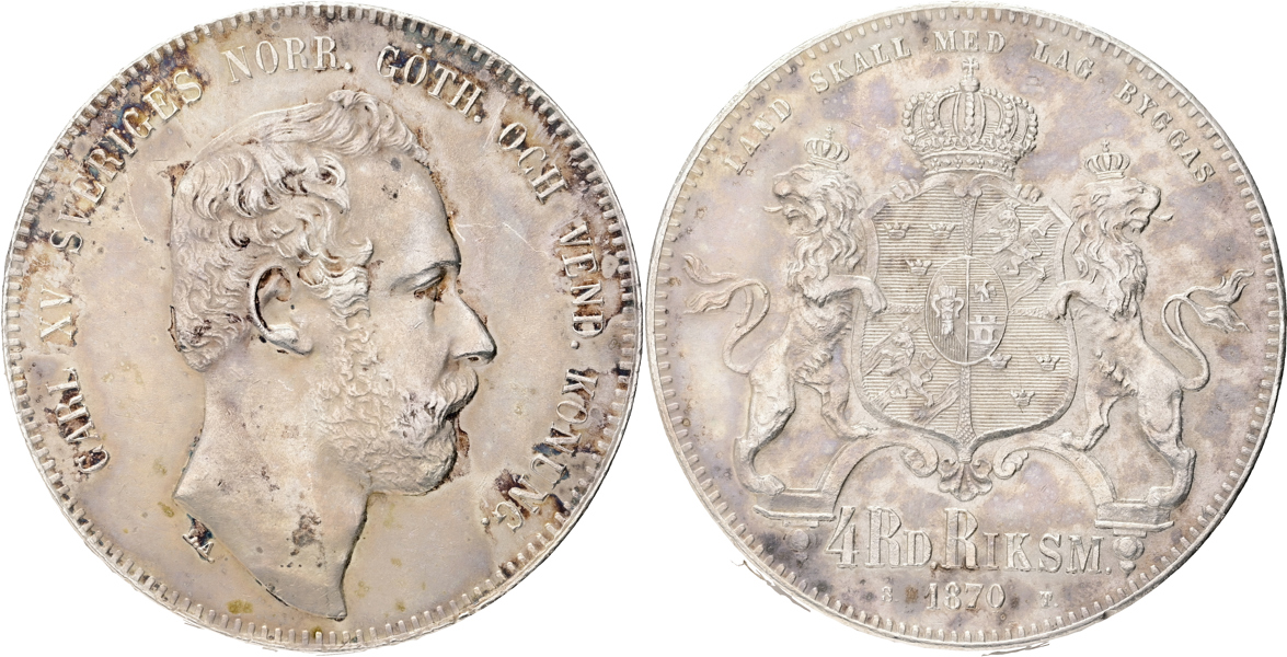 KARL XV (1859-1872). 4 riksdaler riksmynt 1870