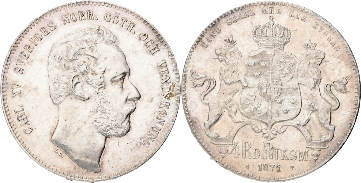 KARL XV (1859-1872). 4 riksdaler riksmynt 1871