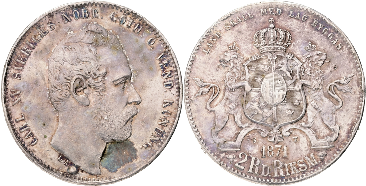 KARL XV (1859-1872). 2 riksdaler riksmynt 1871