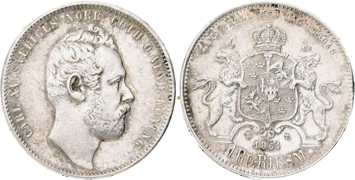 KARL XV (1859-1872). Riksdaler riksmynt 1864