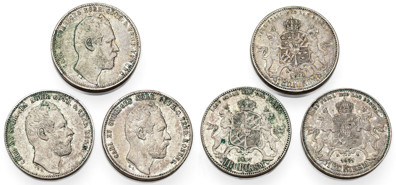 KARL XV (1859-1872). Lot of 3