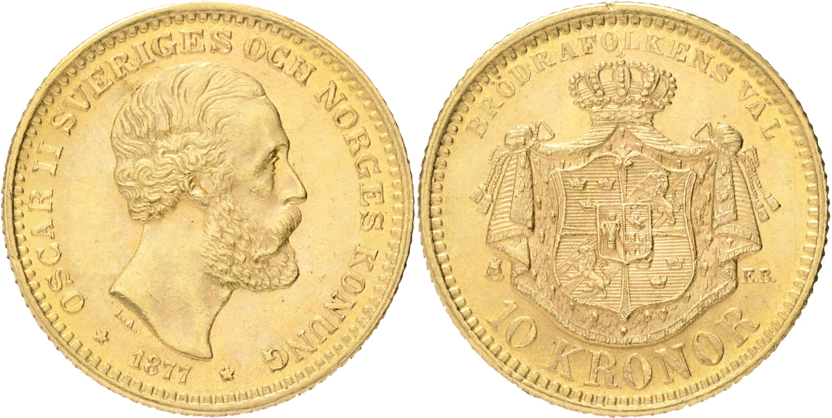 OSKAR II (1872-1907). 10 kronor 1877