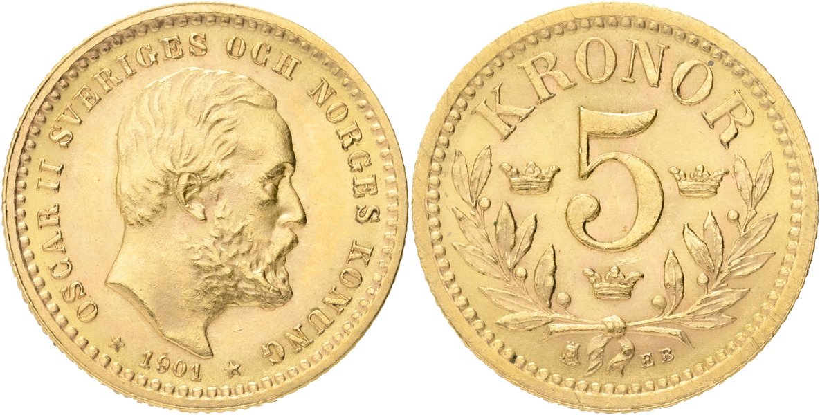 OSKAR II (1872-1907). 5 kronor 1901