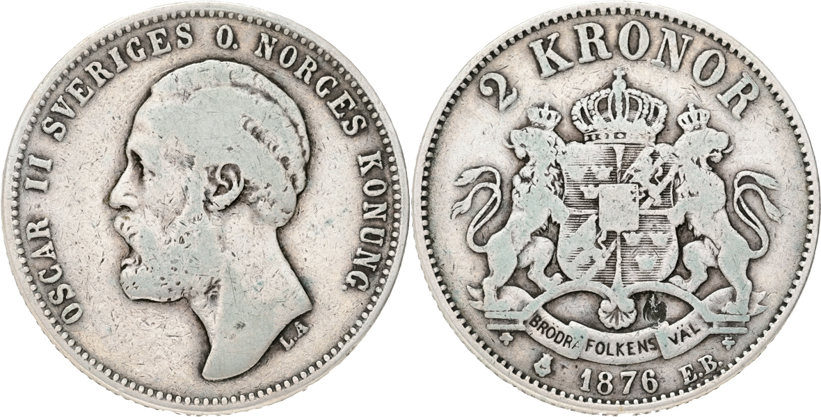 OSKAR II (1872-1907). 2 kronor 1876