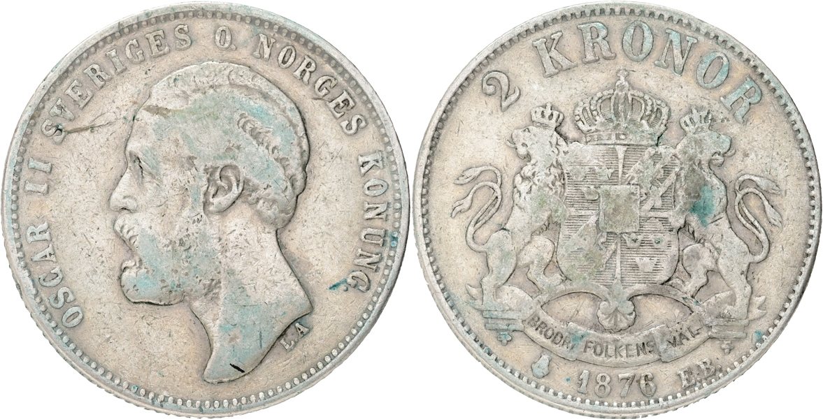 OSKAR II (1872-1907). 2 kronor 1876