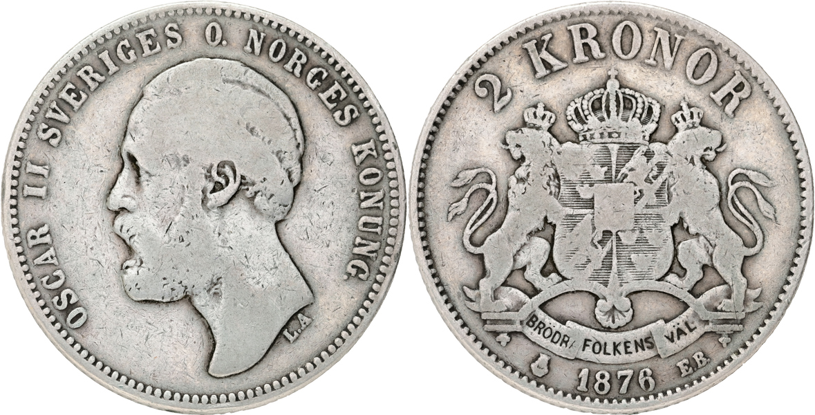 OSKAR II (1872-1907). 2 kronor 1876