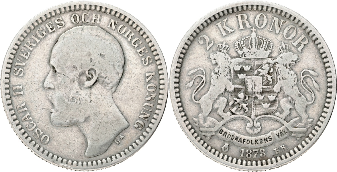 OSKAR II (1872-1907). 2 kronor 1878
