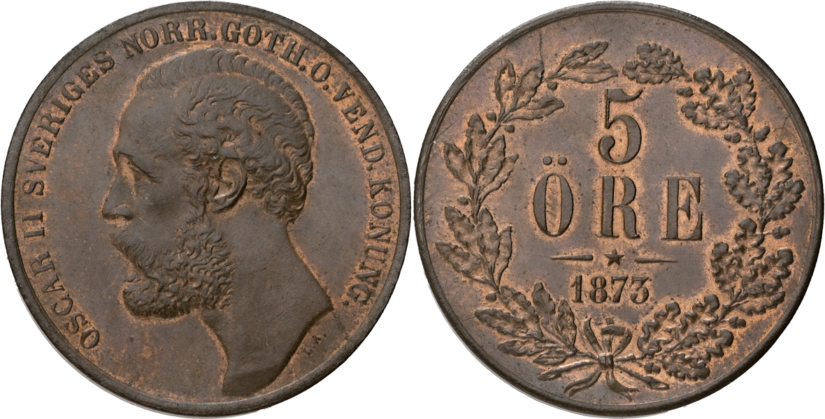 OSKAR II (1872-1907). 5 öre 1873