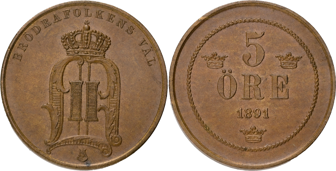 OSKAR II (1872-1907). 5 öre 1891