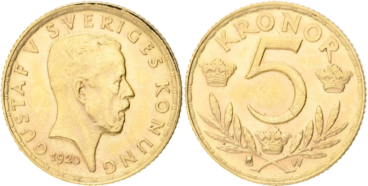 GUSTAV V (1907-1950). 5 kronor 1920