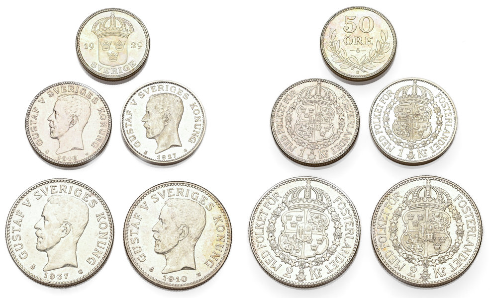 GUSTAV V (1907-1950). Lot of 5 