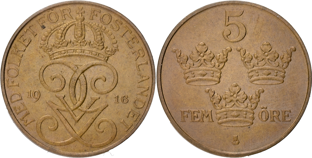 GUSTAV V (1907-1950). 5 öre 1916