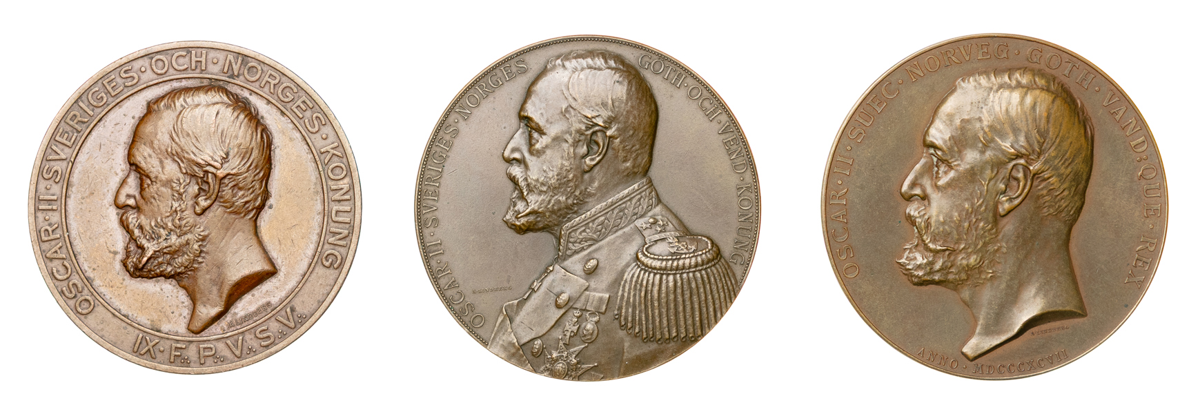 Oskar II. Frimurarmedaljer. Lot of 3.