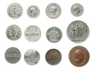 Tolv internationella medaljer i vitmetall och brons. Lot of 12
