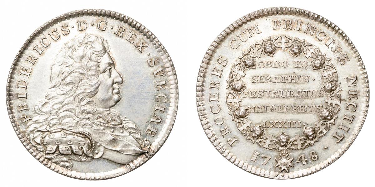 Fredrik. Kungen instiftar Serafimer-, Svärds-, och Nordstjärneordnarna 1748