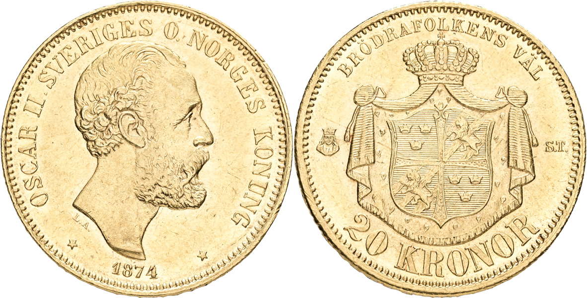 OSKAR II (1872-1907). 20 kronor 1874