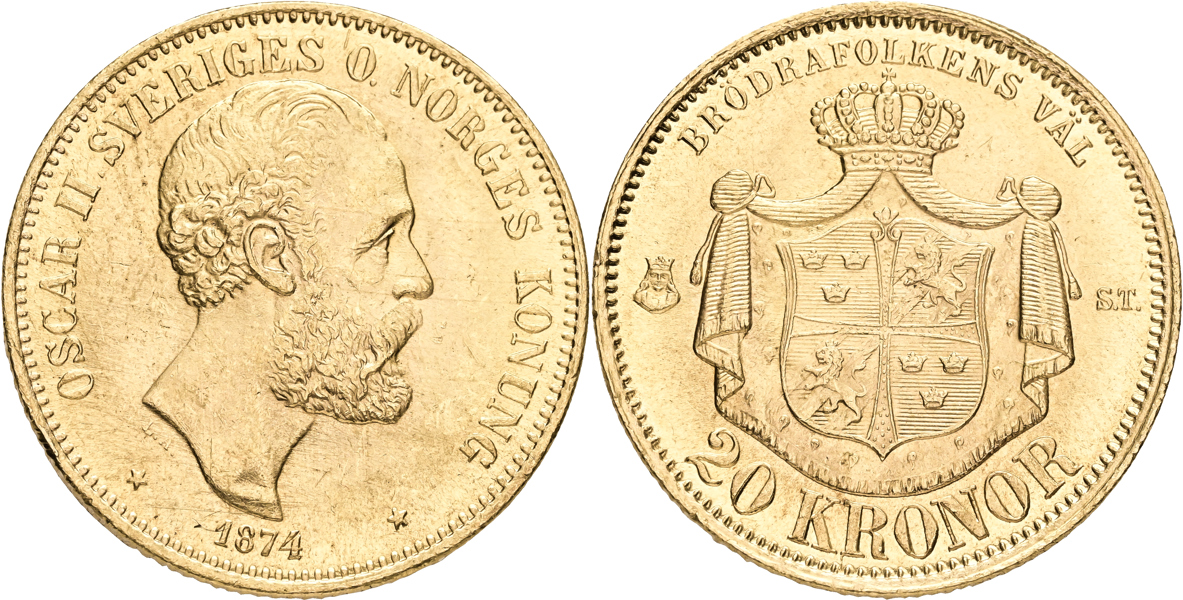 OSKAR II (1872-1907). 20 kronor 1874