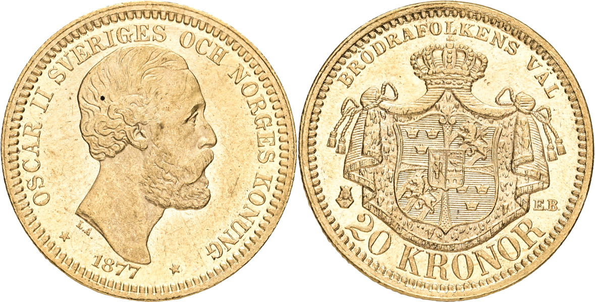 OSKAR II (1872-1907). 20 kronor 1877