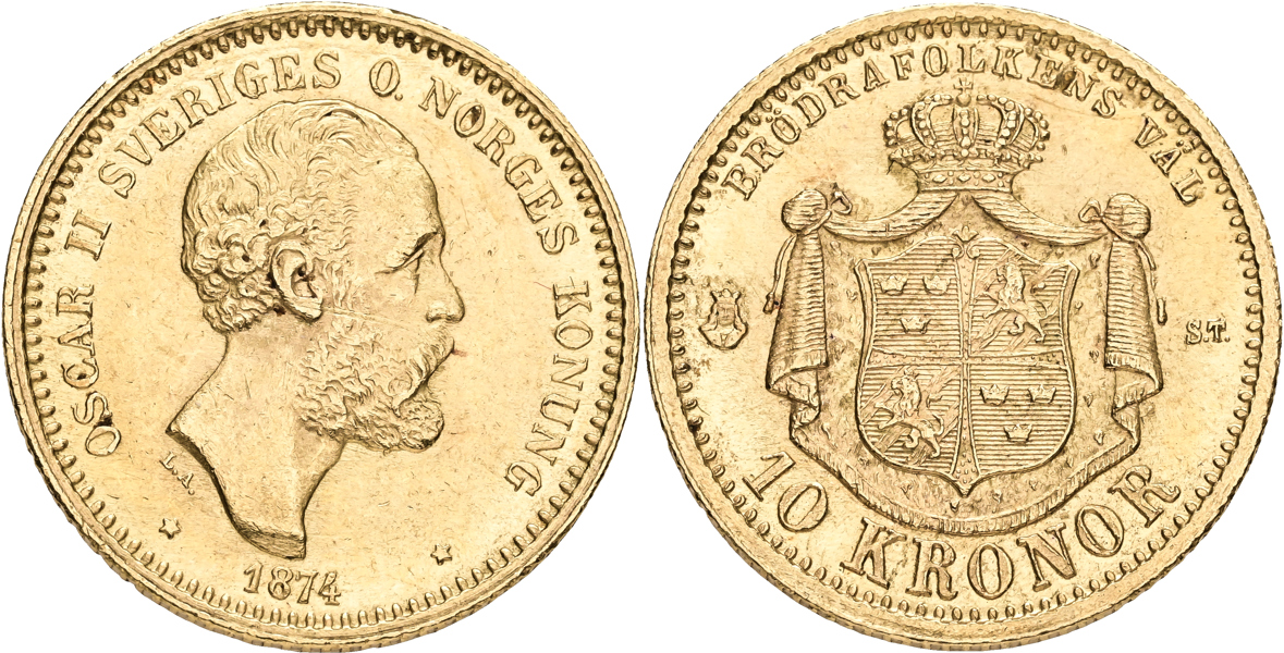 OSKAR II (1872-1907). 10 kronor 1874