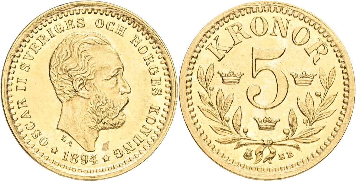 OSKAR II (1872-1907). 5 kronor 1894